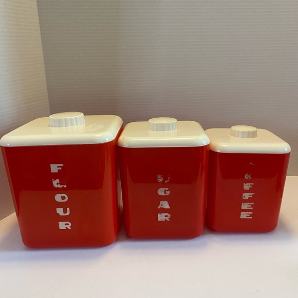 Vintage Lustro Ware Red 3 pc Canister Set Mid Century Modern - Picture 1 of 16